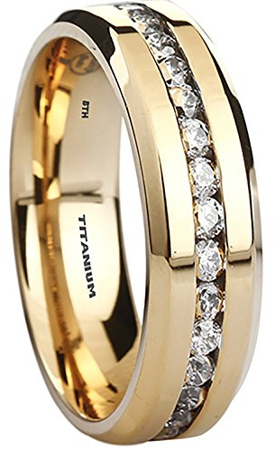 BESTTOHAVE Titanium Ring - 6mm Wide Simulated Diamonds Classic Gold gp Unisex Wedding Engagement Band Ring N