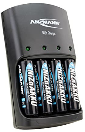 ANSMANN Chargeur de Piles Nickel-Zinc (1 PCE) + 4 Piles NiZn AA 2500 mWh 1,6V– Chargeur Piles pour 1 à 4 Piles AA/AAA NiZn – Station de Charge pour Piles ZR03 et ZR6 avec Affichage LED