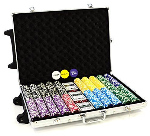 Nexos Trading Trolley Pokerkoffer 1000 Chips Laser Pokerchips Poker Komplett Set Trolley Koffer aus Aluminium mit Schloss + Schlüssel + Griff und Rädern 11g Chip mit Metallkern inkl. Kunststoffkarten