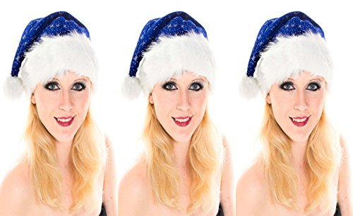 Ciffre 3 er Set Weihnachtsmütze Nikolausmütze Blau Plüsch mit Glitzer Staub Dicker Fellrand X18