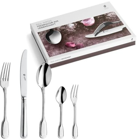 PW Paul Wirths AUGSBURGER FADEN 9800 Besteck Set für 6 Personen, Essbesteck 30 teilig, Edelstahl poliert & rostfrei, spülmaschinenfest, Tafelbesteck mit Besteckkasten