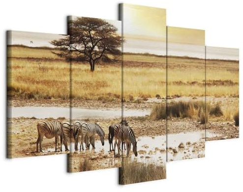 B&D XXL - Leinwandbild Savanne Tiere Zebra, 200x100 cm, 5-teilig, modern | Hochwertige Leinwand, sofort aufhängbar, ideal fürs Wohn- oder Schlafzimmer, wasserfest und lichtecht, langlebig, stilvoll