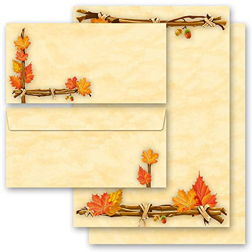 Motivpapier Briefpapier Sets Jahreszeiten - Herbst, HERBSTGOLD 50 Blatt Briefpapier + 50 passende Briefumschläge DIN LANG ohne Fenster | Paper-Media