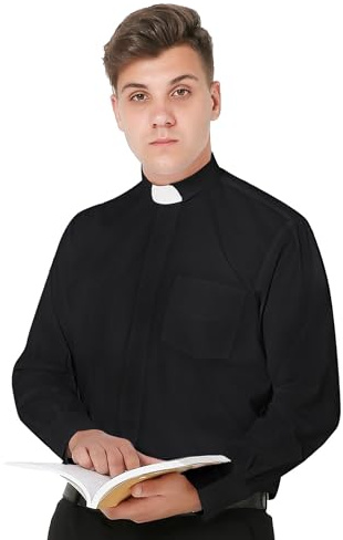 IvyRobes Hommes Chemise Prêtre Col Romain Pretre Clergyman Manches Longues Chemises du Clergé Nior Blanc