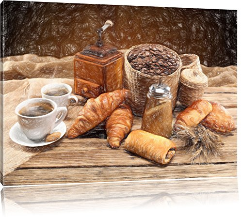 Pixxprint Aromatischer Kaffee mit Croissant, Größe: 80x60cm, Leinwandbild, fertig gespannt, Wandbild, Dekoration, Kunstdruck, kein Poster