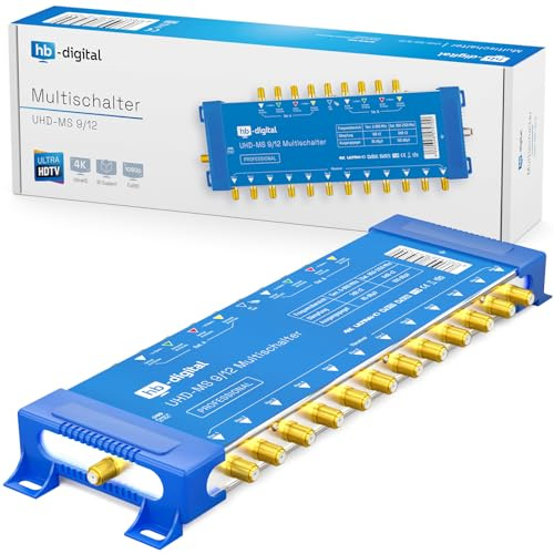 hb-digital 9/12 Multischalter mit externem Netzteil für 12 Teilnehmer und 2 Satellit – nur für Quattro LNB geeignet UHD 4K Full HD DVB-S/S2 – terrestrischer Eingang – vergoldete F-Anschlüsse