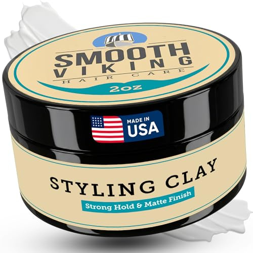 Smooth Viking Hair Clay for Men - Strong Hold Clay Pomade, Matte Finish, Oil-Free, Made in USA, All Hair Types, Natural Scent, Easy Wash Out, Thickening, Nourishing, 2oz