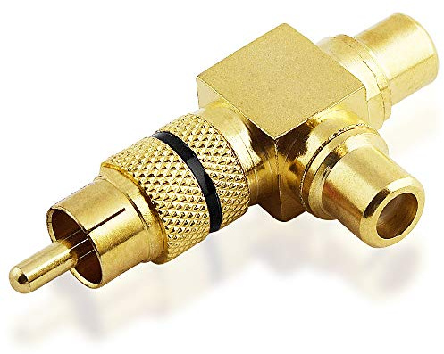 Video RCA Adapter Verteiler Splitter Weiche, 1 Cinch Stecker männlich gerade auf 1 Cinch Buchse Kupplung weiblich gerade u. 1 Cinch 90° abgewinkelt, vergoldete Metallausführung