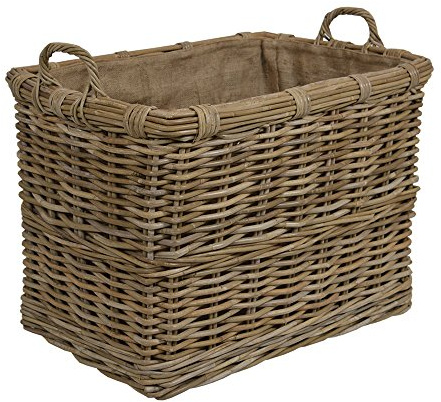 WovenHill Home Storage Kubu Rattan Log Basket with Hoop Handles, Wicker Firewood Storage Basket, Rectangular Wood Holder for Fireplace, Hearth & Fireside Living Room Decor, Brown