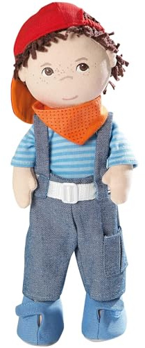 Haba 2142 - Puppe Matze weiche Stoffpuppe, ab 18 Monaten, cooler Junge zum Spielen und Kuscheln, mit Kleidung und weichen Haaren