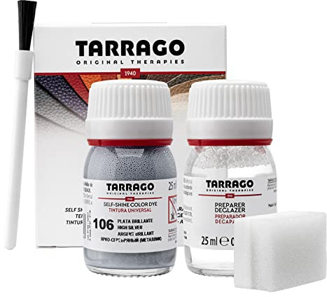 Tarrago | Kit 25 ml di colorante auto-lucido | Tintura autolucidante per scarpe, accessori e primer | Copre sfregamenti e calzature Argento Lucido (106)