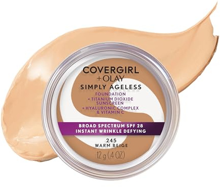 COVERGIRL Simply Ageless Instant Wrinkle Defying Foundation, SPF 28, Hyaluronic Complex & Vitamin C - 245 Warm Beige, Pack of 1