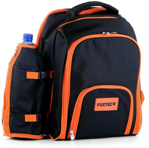 Fuxtec Picknickrucksack Traveller mit Kühlfach und Geschirr für 4 Personen Tragekorb Set mit Tellern, Edelstahlbesteck, Weingläser, servietten, Schneidbrett, Flaschenöffner, Käsemesser