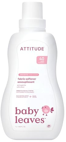 ATTITUDE Baby Fabric Softener Liquid, EWG Verified, Safe for Baby Clothes, Infant and Newborn, Vegan and Naturally Derived Washing Soap, HE Compatible, Unscented, 40 Loads, 1.04 Liter