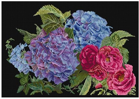 Thea Gouverneur - Kit de point de croix compté - Hortensia et rose - Aida Noir - 18 Compter - Pour adultes - 442.05