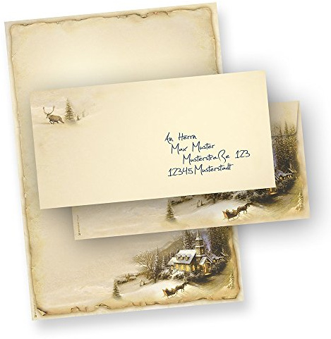 Weihnachtsbriefpapier Winteridylle 500 Sets | Briefpapier Weihnachten nostalgisch mit Umschlag ohne Fenster, einseitig bedruckt DIN A4 Blatt, Haftklebestreifen