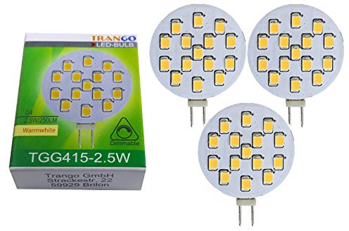 Trango 3er Set G415-2.5 * 3 LED Leuchtmittel G4 Fassung zum Austausch G4 MR16 Leuchtmittel 12Volt AC/DC - 2.5 Watt 250 Lumen 3000K warmweiß Möbel Einbaustrahler, Schrank Einbauleuchte
