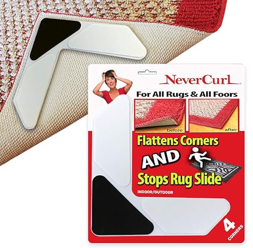 NeverCurl Rug Grippers - Anti Curl Corner Grippers for Laminate, Wooden, or Tiled Floors, Carpet Rug Corner Tape Grippers with Strong Grip Technology, Stops Rug from Curling and Slipping - 4 Pack