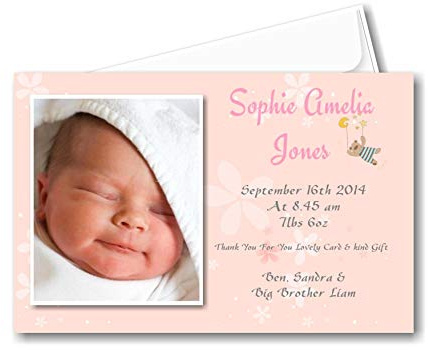 20 Personalised Pink Baby Girls Birth Announcement Cards - Thank You Cards AC2