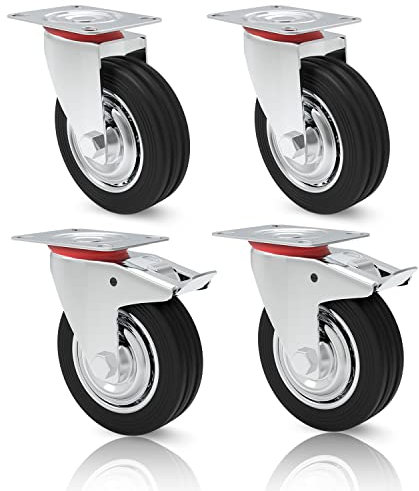 PRIOstahl Schwerlastrollen Set 4 x 75mm Transportrollen mit Bremse bis 200kg Vollgummi Lenkrollen Industrierollen für Werkstatt Werkbank Werkzeugwagen oder Transportroller Möbelrollen