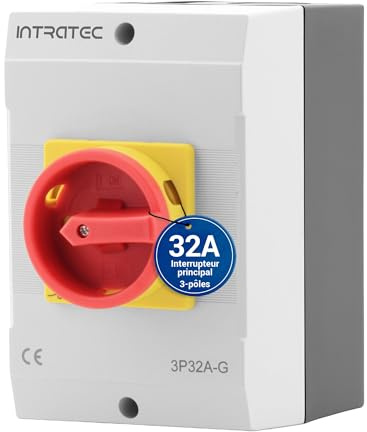 Intratec Interruttore principale 32A 3 poli – Sezionatore IP65 con custodia in plastica – Interruttore da parete per uso industriale – Commutatore rotativo robusto 230/400V