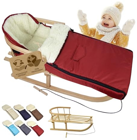 Kombi-Angebot Holz-Schlitten mit Rückenlehne & Zugseil + universaler Winterfußsack (108cm), auch geeignet für Babyschale, Kinderwagen, Buggy, aus Wolle Uni (Bordeaux)