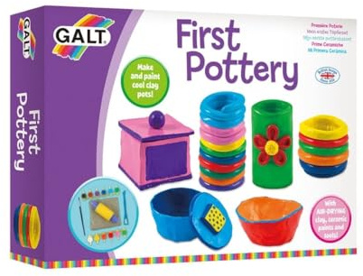 Galt First Pottery - Fun Arts and Crafts Kit for Kids - Childrens Air Dry Clay Painting and Pottery Set for Girls and Boys with Ceramic Paints,Mini Rolling Pin,Paintbrush and Guide - Ages 6 Years Plus
