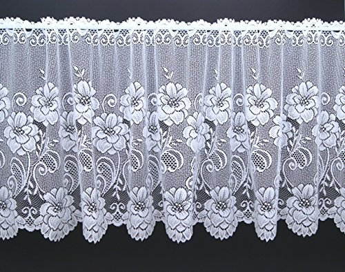 heimtexland Scheibengardine aus hochwertigem Jacquard mit Blumen in rein weiß Panneaux mit gebogter Kante - auch als Store erhältlich - Bistrogardine Rosen Bordüre Gardine Typ318 HxB 30x145 cm