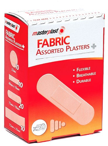Masterplast Fabric Assorted Plasters 50 Pack | Flexible, Breathable, Durable, Safety, First Aid Kit Essential, 4 Sizes