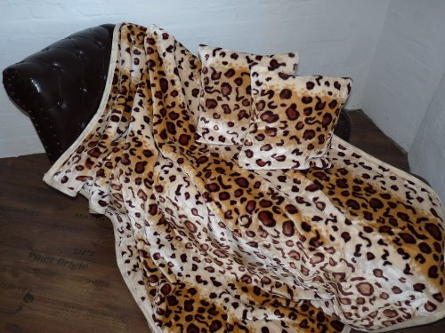 Natur-Fell-Shop 3tlg. Set Kuscheldecke Tagesdecke Leoparden Look 160x200cm + 2 Kissen 40x40cm