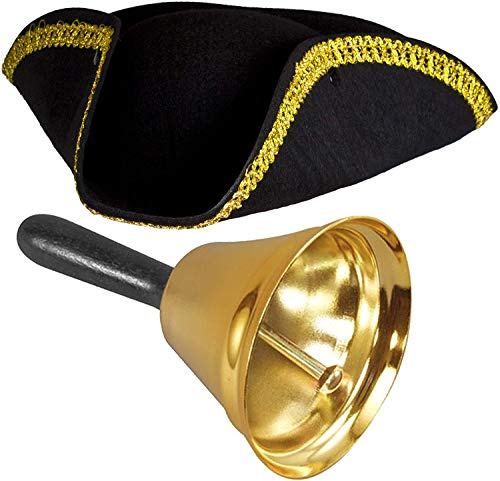 Town Crier Fancy Dress Accessory Set Tricorn Hat + Gold Bell Bellman Criers Medieval Costume Set