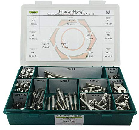 Set DIN 912 Zylinderkopfschrauben M8 Edelstahl A2 mit Muttern + Scheiben | Sortiment M8 DIN 912 Zylinderschrauben (Innensechskant) Unterlegscheiben (DIN 125, 127, 9021) Muttern DIN 934, 985 144 Teile