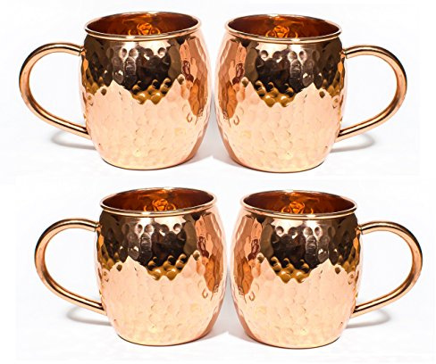 Moscow Mule Mug - 100% Pure Solid Copper, 16 Oz Unlined, No Nickel Interior, Handcrafted Hammered Design set of 4 (4 pcs)