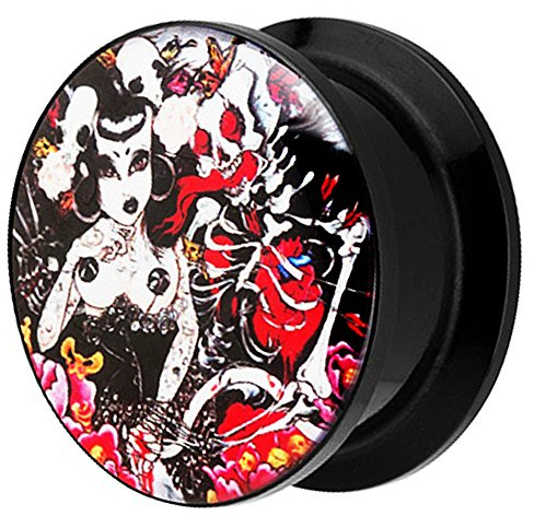 Piersando Ohr Plug Piercing Kunststoff Motiv Comic Picture Flesh Tunnel Ohrplug mit Dead Girl Gothic Schwarz