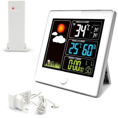Stazione meteo senza fili con previsioni meteo - Sensore temperatura interna ed esterna con minima e massima - Grande schermo LCD a colori - Visualizzazione di ora e data - Radiopilotata