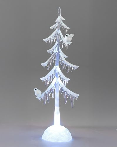 formano LED Weihnachtsbaum Acryl 45 cm Dekobaum mit Licht & Vogel – Winterdeko mit Schnee-Effekt & Eiszapfen – stilvolle Weihnachtsdeko batteriebetrieben (3X AAA) – klare Deko für Tisch & Fenster