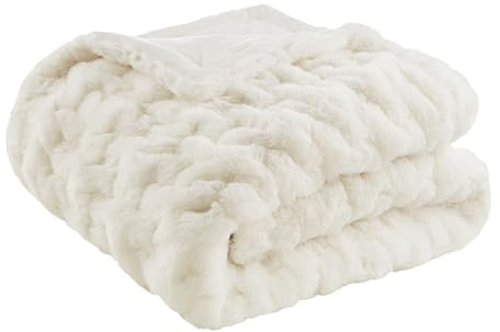 Madison Park Ruched Fur Luxury Throw Ivory 50 x 60 premium mjuk mysig borstad lång för säng, tränare eller soffa