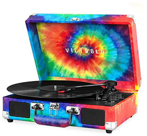 Victrola Journey Bluetooth Portable Suitcase Record Player – with Built-in Speakers, 3 Speed Vinyl Record Player, RCA Out, Headphone Jack (Tie Dye)