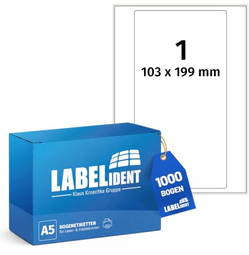 Labelident Laser-Etiketten 103 x 199 mm - 1 Etikett pro A5-Bogen (1.000 DIN A5 Bögen) selbstklebende Versandlabels für DHL-Versand, geeignet für Laser- & Inkjetdrucker