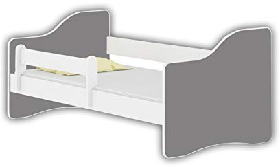 ACMA Jugendbett 180x80 Kinderbett mit Rausfallschutz und Matratze, Weiß Happy, Farbe Grau, mit Lattenrost, stabil, Kinderzimmer Bett, Jugendmöbel