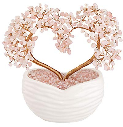 Jovivi Rose Quartz Crystal Heart Money Tree Healing Gemstone Bonsai Tree for Wedding Ceremony Reiki Balancing Energy Meditation Feng Shui Wealth & Good Luck Home Indoor Office Decor 7.87-8.26