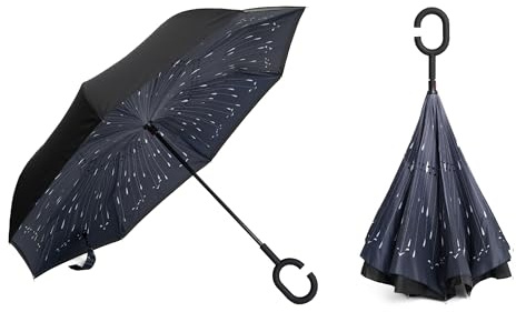 BRATY DECORATIONS Umgekehrter Stockschirm mit Doppelschicht-Design und C-förmigem Griff – windfest & innovativ Regenschirm – Meteorregen