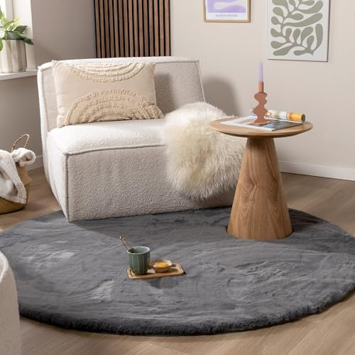 Hochflor Teppich Rund - Comfy Supreme Anthrazit - Ø 120 cm | Shaggy, Einfarbig - Ländlich, Modern, Skandinavisch - Wohnzimmer, Esszimmer, Schlafzimmer - Fellteppich