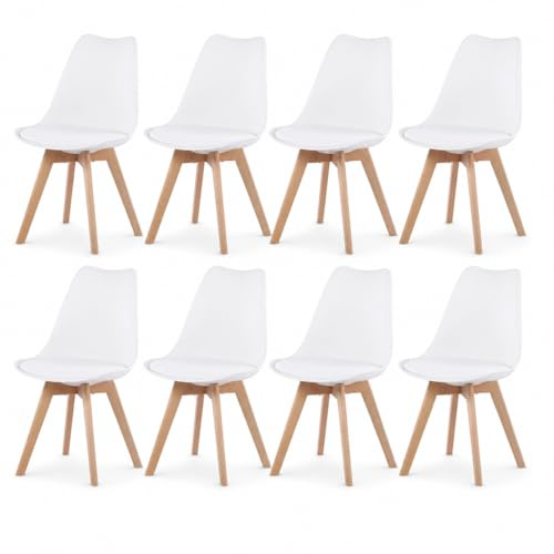 EGGREE 8er Set Esszimmerstühle mit Massivholz Buche Bein SGS Geprüfter, Skandinavisch Design Gepolsterter Stuhl Küchenstuhl Holz, Weiß