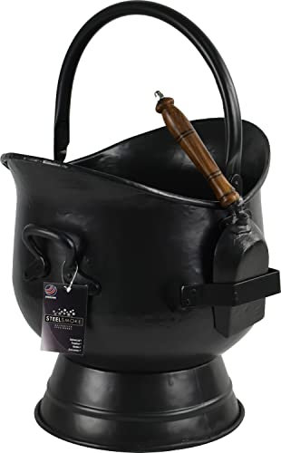 Sterling Ventures Steel Sallet Coal Bucket Scuttle Hod with Cast Iron Shovel Scoop Antique Style (Large),Black