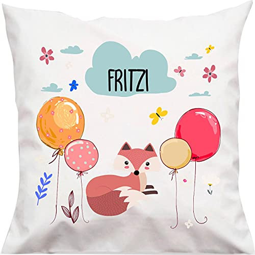 Kleckerliese Kinder Kissen Fuchs mit Balon Regenbogen Balloons Kissenbezug Weiss Kissenhülle 40x40 cm