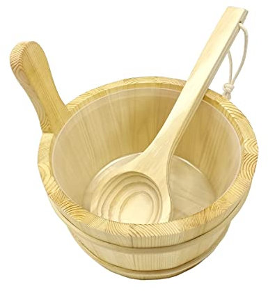 HJJKKH Sauna Bucket Ladle Set-Sauna Accessories with Handmade Wooden Bucket Ladle Plastic Liner Wood Handle for Sauna Steam Room