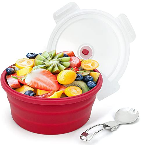 Lunbengo 1200ml Large Silicone Food Container with Lid, Collapsible Camping Bowl for Meal Prep, Picnic, Food Preservation, Silicone Bowl with Foldable 2 in1 Fork and Spoon, Red