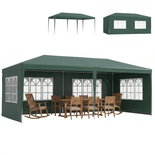 Outsunny Carpa de Jardín 6x3 m Cenador Pabellón de Jardín con 4 Paredes Laterales y 2 Ventanas Visibles, Marco de Acero, Anti-UV, Impermeable, Gazebo para Patio, Exterior, Camping, Verde