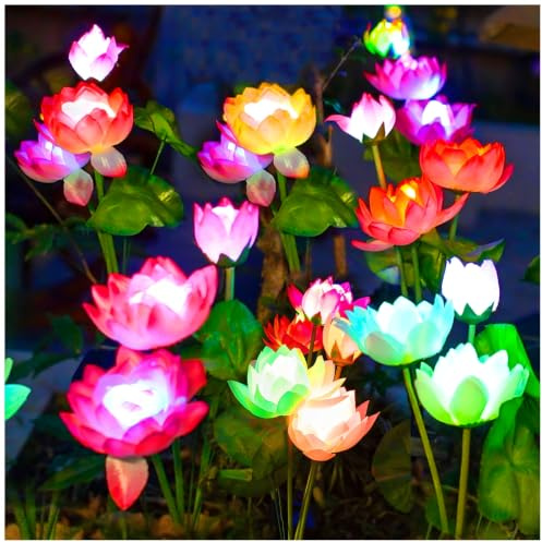DooYard Solar Lotus Gartenstecker 4 Stück, 7 Farben, für Hof und Garten | Solarleuchten Gartendeko, Lotosleuchten außen, RGB LED Farbwechsel, verstellbare Stiele & Blätter, wetterfeste Deko